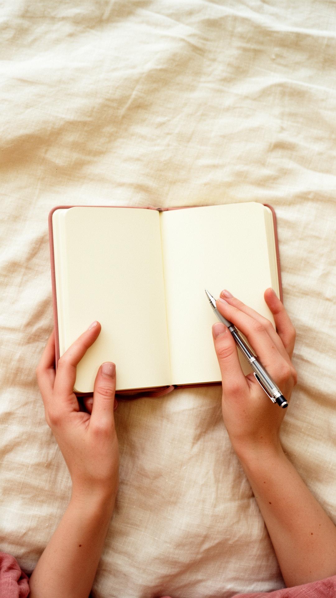 Hands holding an open journal on linen